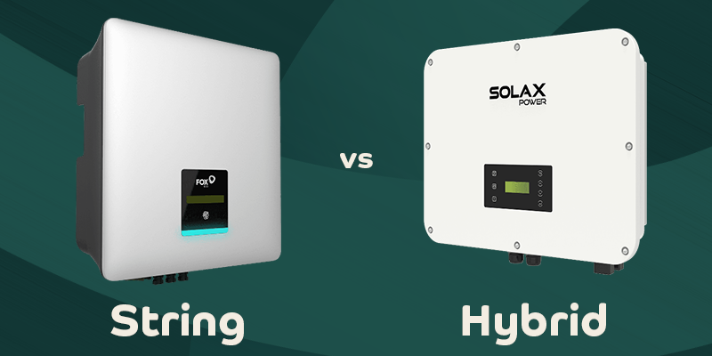 Side-by-side comparison of a Fox ESS string inverter and a SolaX hybrid inverter with 'String vs Hybrid' text overlay